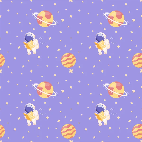   Seamless pattern of deep space with planets and stars, astronaut and asteroids in a flat style. Vector illustration