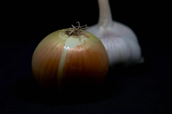 Onion Garlic Black Background — Stock Photo, Image