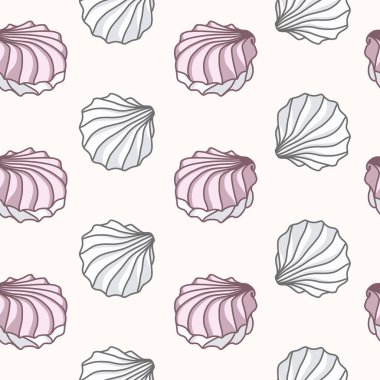Vector seamless pattern with pink and white meringues on beige background