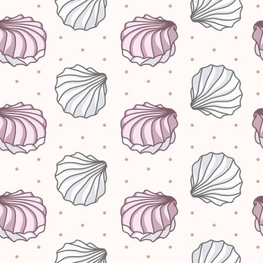 Vector seamless pattern with pink and white meringues on beige background with polka dot