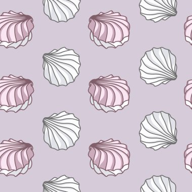 Vector seamless pattern with pink and white meringues on purple background