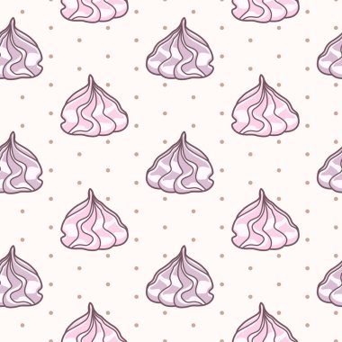Vector seamless pattern with pink and purple meringues on beige background with polka dot