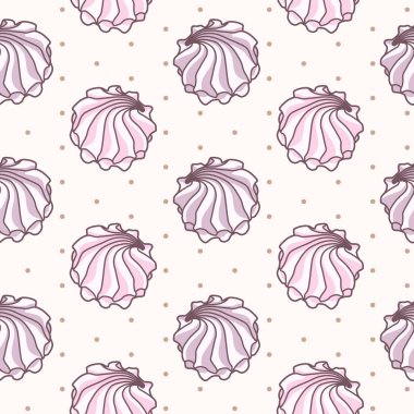Vector seamless pattern with pink and purple meringues on beige background with polka dot