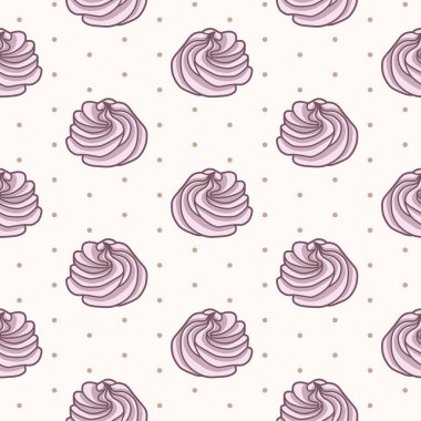 Vector seamless pattern with pink meringues on beige background with polka dot