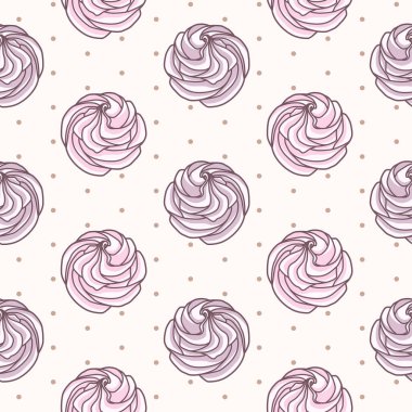 Vector seamless pattern with pink meringues on beige background with polka dot