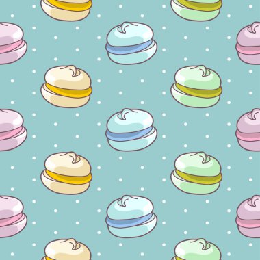 Vector seamless pattern with varicolored meringues on cyan background with polka dot