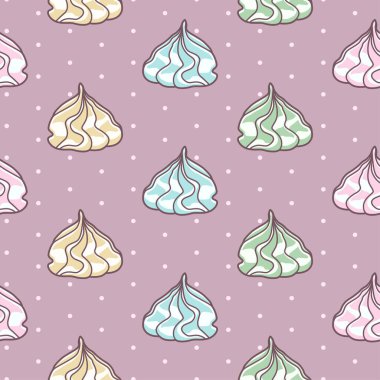Vector seamless pattern with varicolored meringues on purple background with polka dot