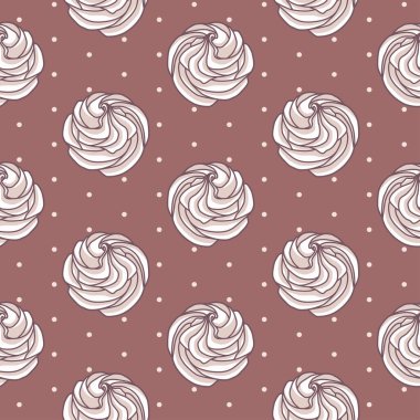 Vector seamless pattern with beige and white meringues on brown background with polka dot