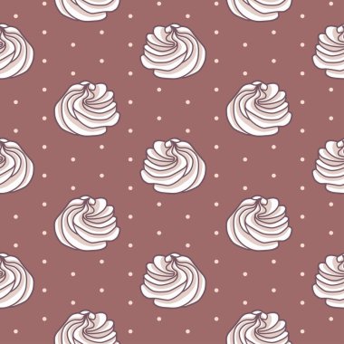 Vector seamless pattern with beige and white meringues on brown background with polka dot