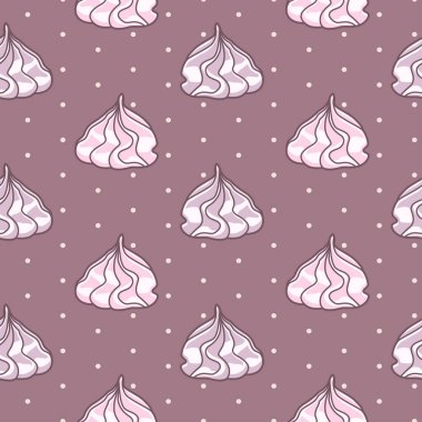 Vector seamless pattern with pink meringues on purple background with polka dot
