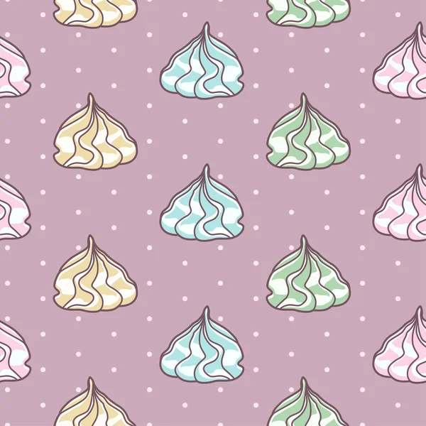 Vector seamless pattern with varicolored meringues on purple background with polka dot