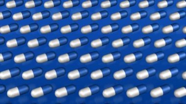 Concept: drug addiction. blue and white pills move on the blue surface. Geometric surface background animation. Loopable. 3D rendering.