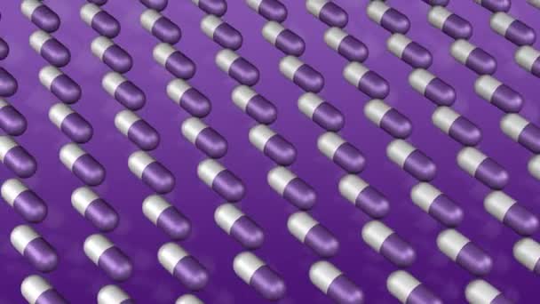 Концепция Медицинское Обслуживание Фиолетовые Белые Таблетки Двигаются Фиолетовой Поверхности Анимация — стоковое видео