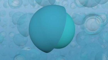 Kavram: Karmaşık yönetim geçmişi. Turkuaz yarı küreler turkuaz yüzeyde dönüyor. Döngüye tabi. Tam kare. 3B görüntüleme.