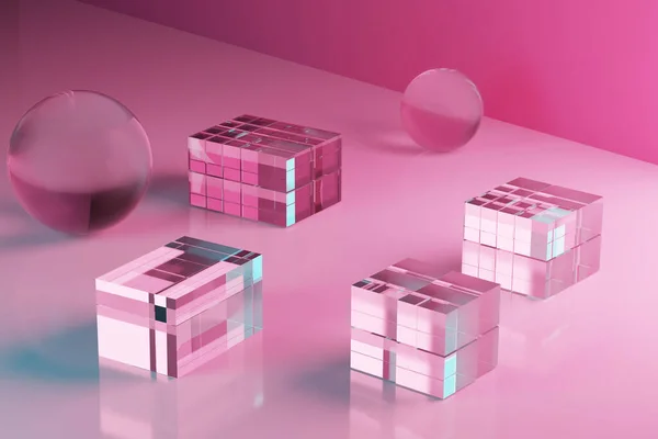 Cam küpler ve küreler ile soyut güzellik arka planı, pembe ve mavi tonlarda neon arka planda toplar, maket. Reklam konsepti. Yansımalı geometrik şeffaf şekiller kümesi.