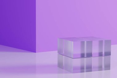 Geometrik şekilli soyut minimalist arka plan, mor arka planda podyum cam küp. Kozmetik ürünlerin reklamları için güzellik modeli