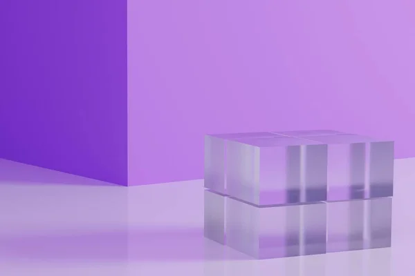 Geometrik şekilli soyut minimalist arka plan, mor arka planda podyum cam küp. Kozmetik ürünlerin reklamları için güzellik modeli