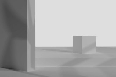 Kozmetik ürünleri göstermek için geometrik şekilli 6 soyut arkaplan. Gri taş, gri platformda yansımaları gölgeli beton küp podyum. Beyaz arka planda güzellik ve kaplıca konsepti. 3d hazırlayıcı