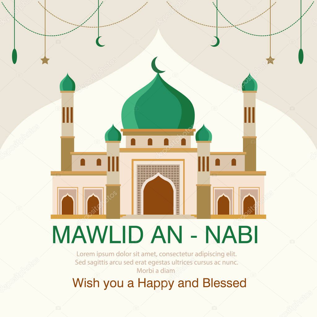Mawlid al nabi Islamic vector illustration for greeting with Arabic calligraphy - Translation of Arabic is Prophet Muhammads Birthday
