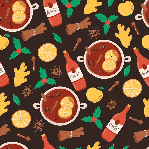 Patrón Sin Costura Vino Caliente Ingredientes Bebidas Calientes Navidad Vino — Archivo Imágenes Vectoriales