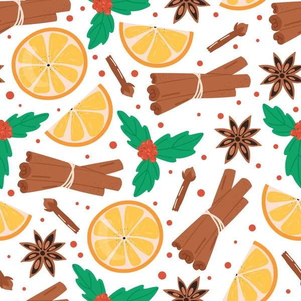 Patrón Sin Costuras Navidad Canela Naranja Clavo Anís Muérdago Concepto — Archivo Imágenes Vectoriales