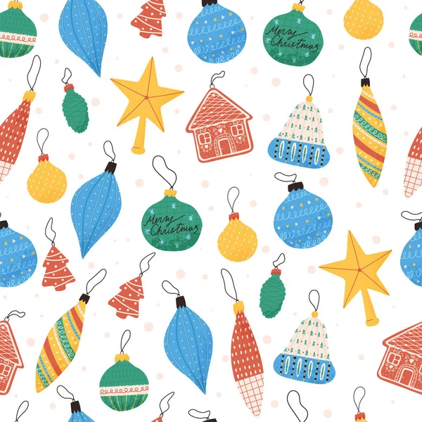 Χαριτωμένο Μοτίβο Χριστούγεννα Πολύχρωμες Μπάλες Και Παιχνίδια Για Διακόσμηση Δέντρο — Διανυσματικό Αρχείο
