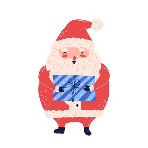 Mignon Père Noël Détient Cadeau Noël Illustration Vectorielle Plat Isolé — Image vectorielle