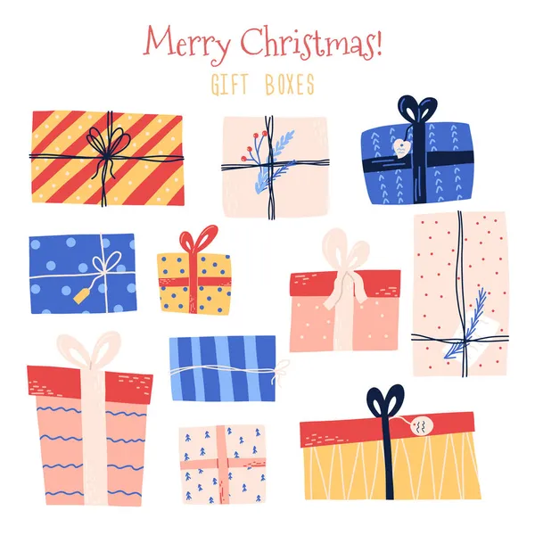 Weihnachtsgeschenkboxen Handgezeichneten Cartoon Stil Flache Vektorillustration Isoliert Auf Weißem Hintergrund — Stockvektor