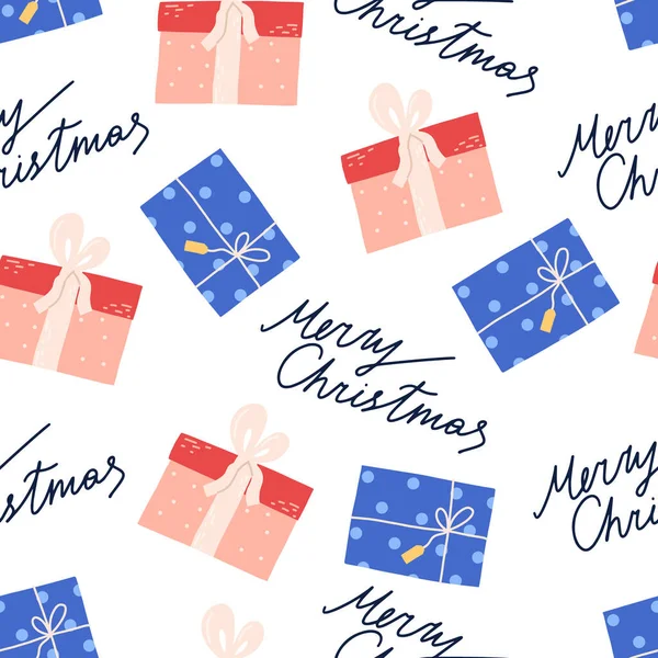 可爱的圣诞无缝图案与礼品盒和手绘文字 平面矢量插图白色背景 很适合包装纸或纺织品 — 图库矢量图片