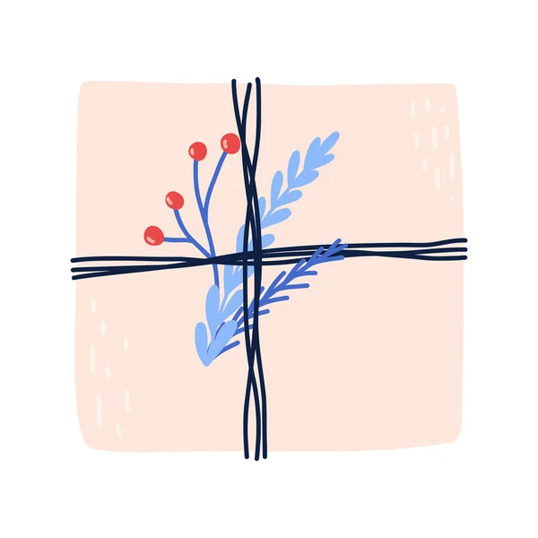 Χειροποίητο Κουτί Δώρου Χειμερινά Φυτά Και Μούρα Doodle Διανυσματική Απεικόνιση — Διανυσματικό Αρχείο