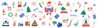 Cute Christmas and winter elements set, cartoon flat vector illustration isolated on white background. Big collection of hand drawn gift boxes, houses, plants and decorations.