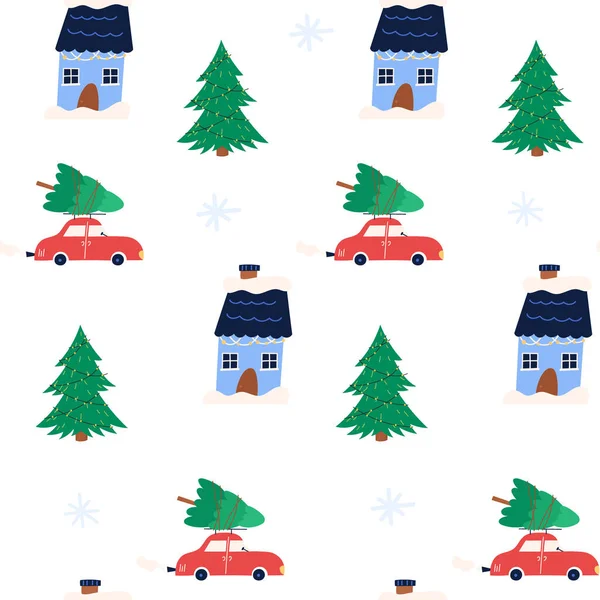 Minimalist Nordic Seamless Pattern Winter House Tree Car Flat Vector — Vettoriale Stock