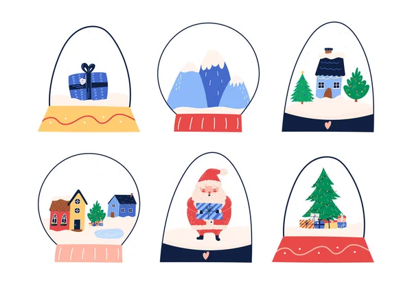 Set Snow Globes Winter Landscapes Christmas Elements Flat Vector Illustration — Vector de stock
