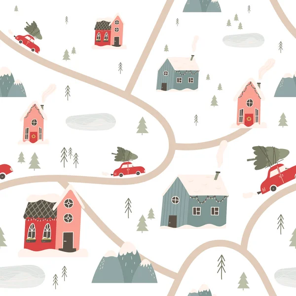 Cute Winter City Snow Seamless Pattern Scandinavian Town Flat Vector — Vettoriale Stock