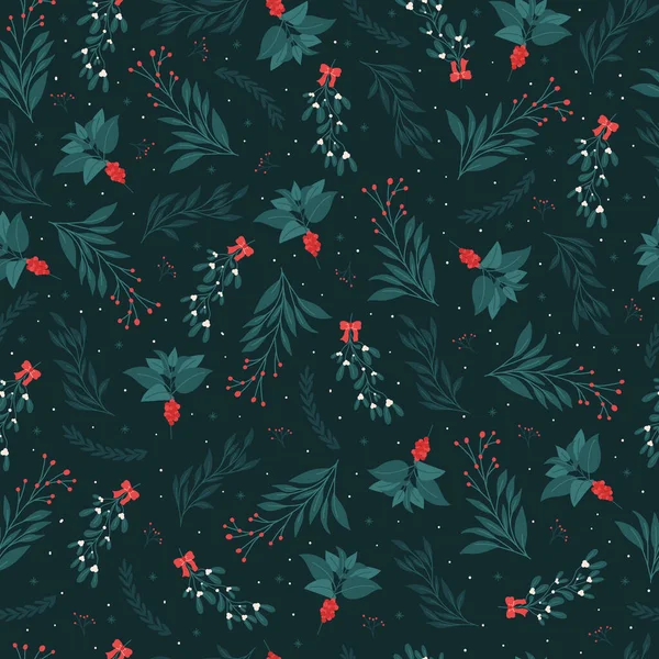 Seamless Winter Plants Pattern Dark Background Christmas Berries Flowers Great — Stock Vector