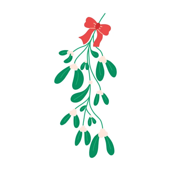 Tradycyjna Świąteczna Jemioła Roślin Łukiem Wstążką Płaska Ilustracja Wektor Izolowane — Wektor stockowy