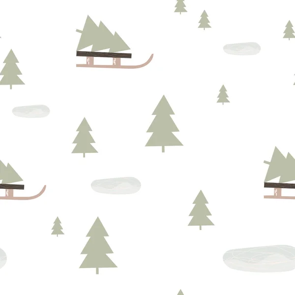 Απλό Χειμώνα Απρόσκοπτη Μοτίβο Έλατο Δάσος Και Έλκηθρο Επίπεδη Διανυσματική — Διανυσματικό Αρχείο