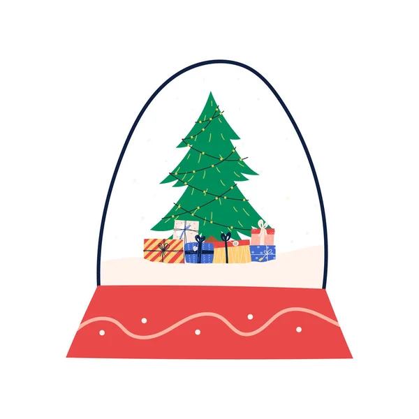Ručně Kreslené Vánoční Sněhová Koule Stromem Dárkové Krabice Pod Ploché — Stockový vektor