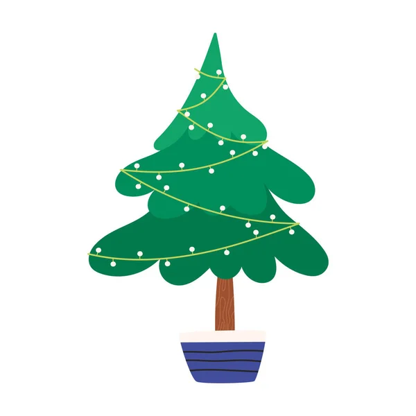 Kézzel Rajzolt Karácsonyfa Edényben Fények Koszorú Lapos Vektor Illusztráció Elszigetelt — Stock Vector