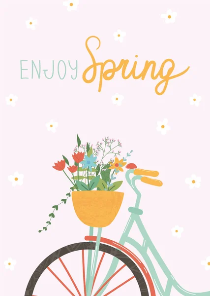Pembe Arka Planda Hoş Bir Tebrik Kartı Bisikletinde Çiçekler Olan — Stok Vektör