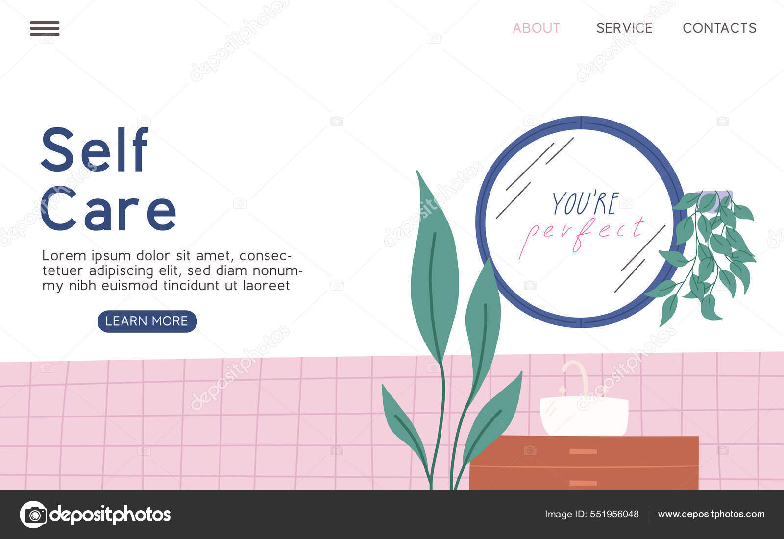 浴室のミラー付きセルフケアランディングページテンプレートとあなたは完璧なテキスト フラットベクトルイラストです 自己愛 体の正と心理的なヘルプの概念 ストックベクター C Reira Visual