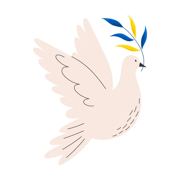 白の背景に隔離されたウクライナの旗 フラットベクトルイラストの色で鳩の飛行と植物を保持 ウクライナでの戦争中の世界平和と支援の象徴 ピジョンとフリーステッカー — ストックベクタ