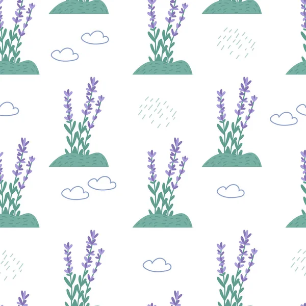 Lindo Patrón Lavanda Con Nube Lluvia Ilustración Vectorial Plana Sobre — Vector de stock