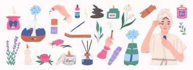 Kişisel bakım ve aromaterapi elementleri ayarlandı, düz vektör çizimi beyaz arkaplanda izole edildi. Kadın karakter güzellik ürünü uyguluyor. Mum, palo santo, hava nemlendirici, gerekli yağ. Spa konsepti.