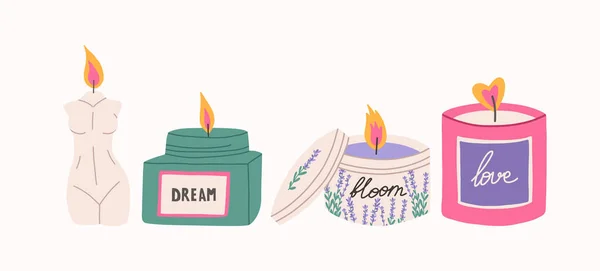 Trendy Candles Set Different Forms Cartoon Flat Vector Illustration Isolated — Stock Vector