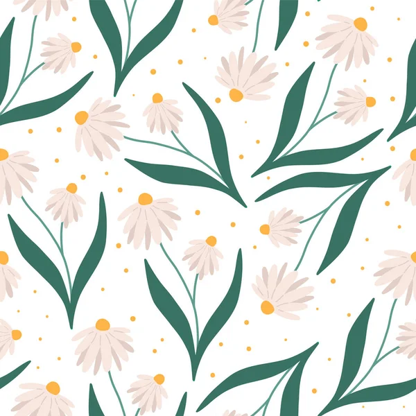 Chamomile Summer Spring Seamless Pattern Flat Vector Illustration White Background — Archivo Imágenes Vectoriales