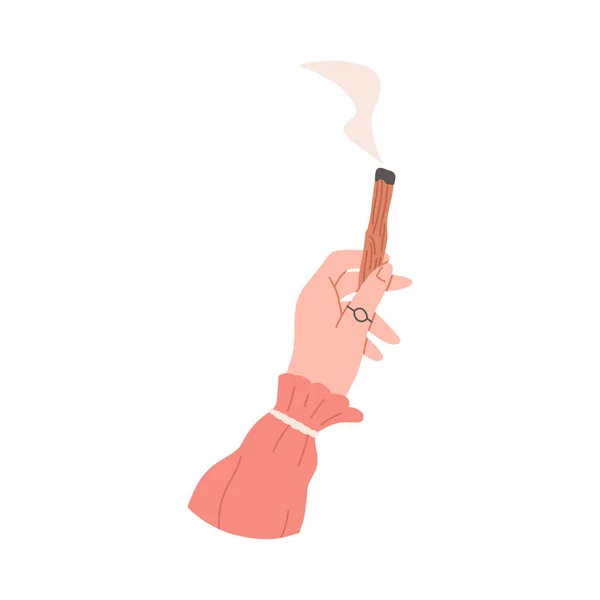 Woman Hand Holding Burning Palo Santo Stick Flat Vector Illustration — Vector de stock