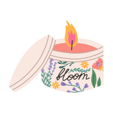 Hand drawn floral candle in jar, flat vector illustration isolated on white background. Aromatherapy and spa concepts. Spring or summer flowers scented soy candle.