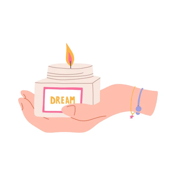 Woman Holds Jar Candle Hand Trendy Flat Vector Illustration Isolated — Vettoriale Stock