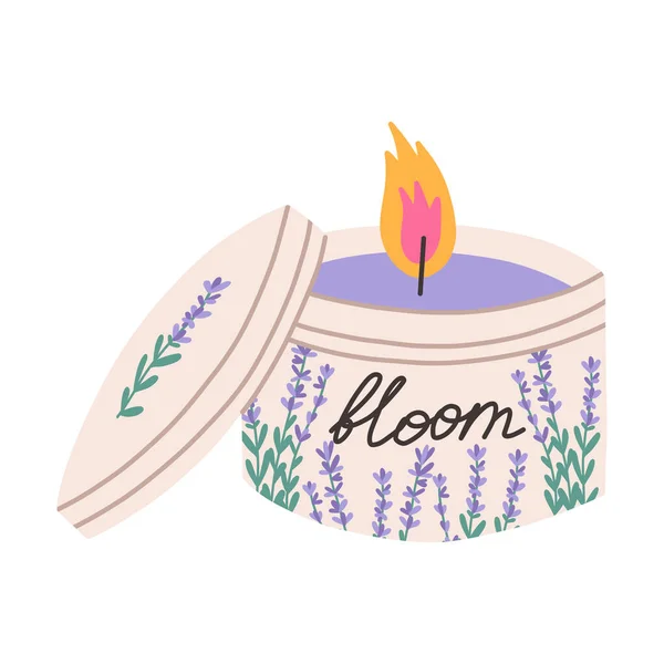 Burning Candle Jar Blooming Lavender Scent Flat Vector Illustration Isolated — Vettoriale Stock